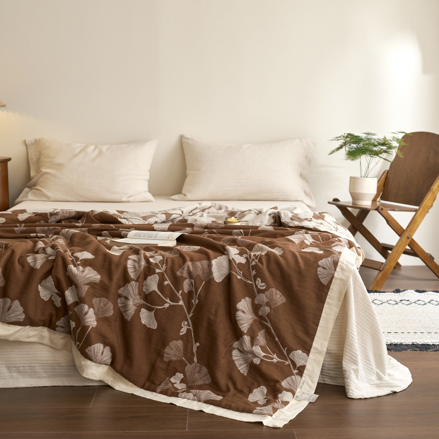 Ginkgo Leaf Cotton Quilt Reversible Coffee Brown