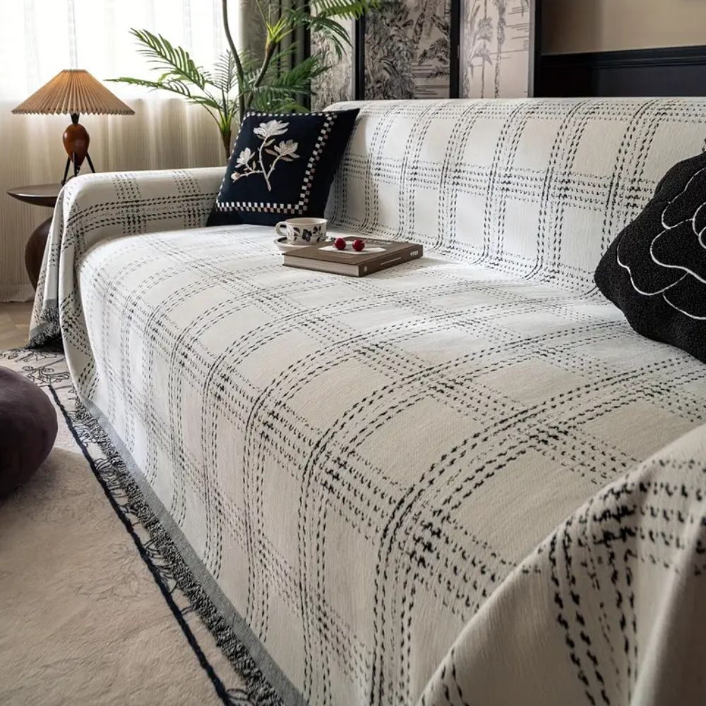 Chesterfield Plaid Sofa Cover Ivory Tartan