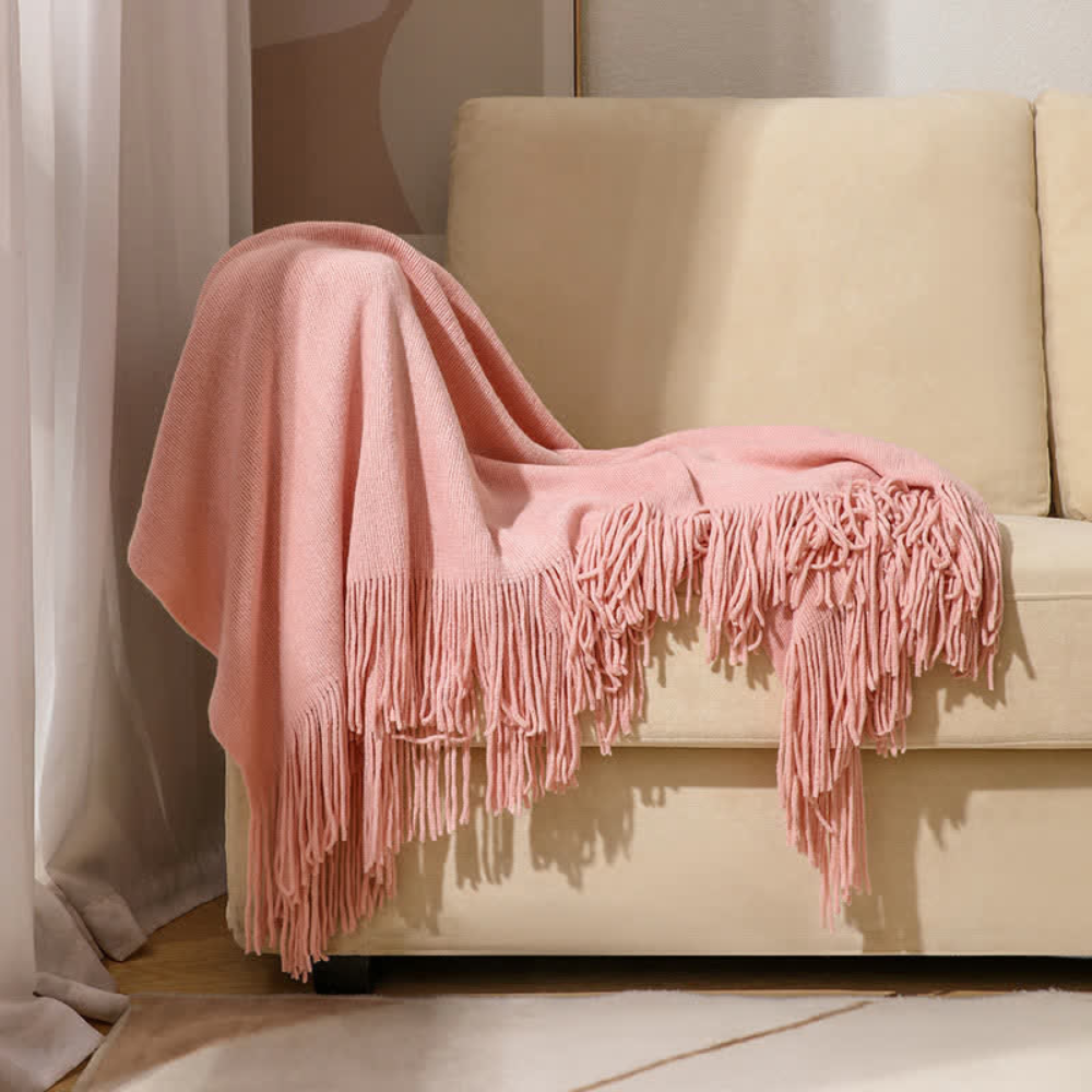 Chunky Knit Tassel Blanket Pink