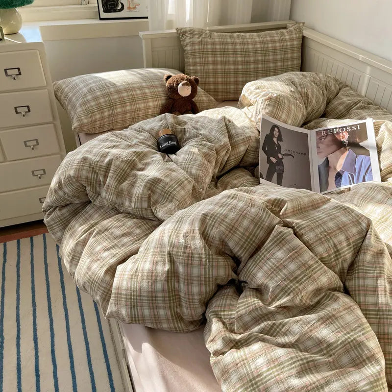 Plaid Cotton Bedding Set (4PCS) Green