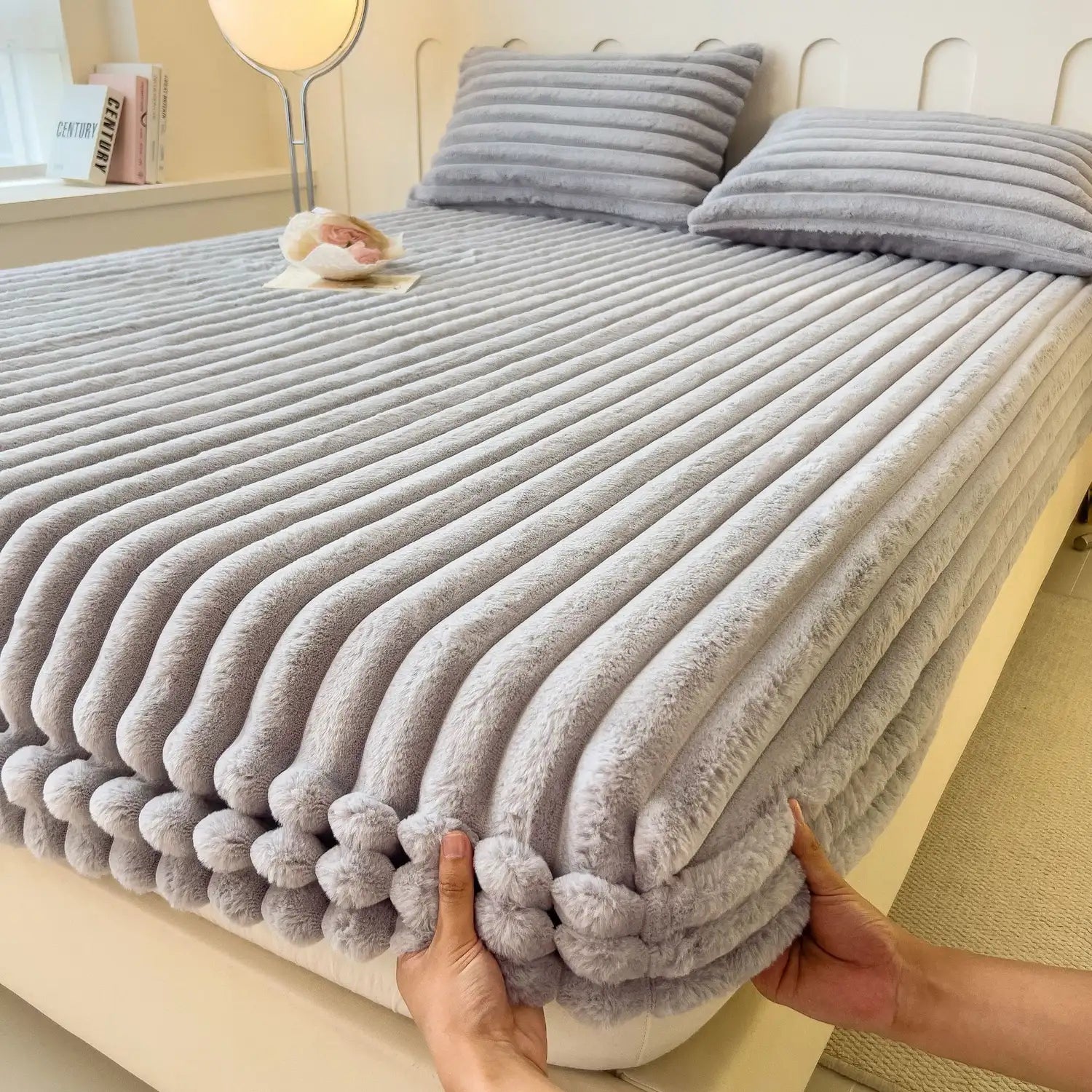 Quilted Velvet Fitted Bed Sheet Gray