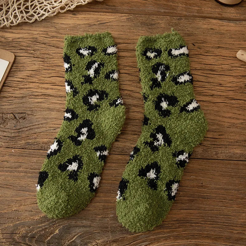Fuzzy Leopard Print Plush Socks Green One Size (Women)