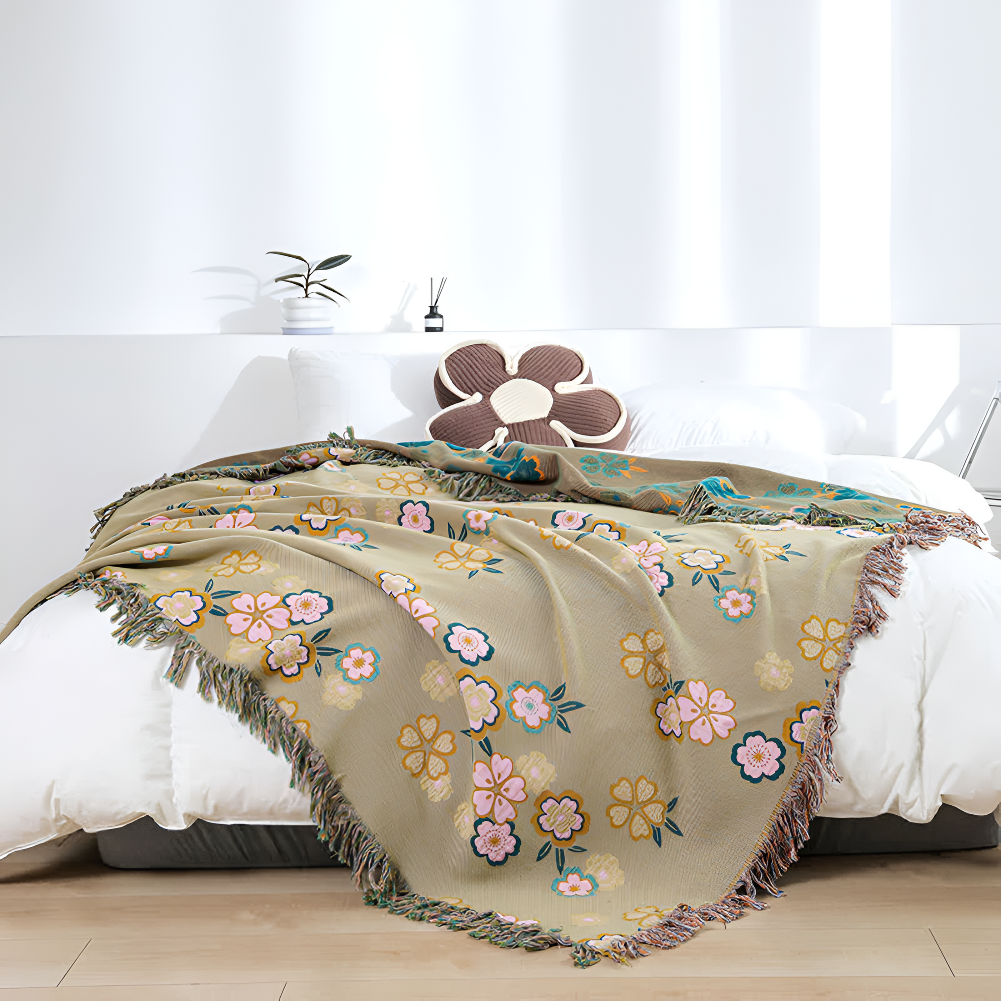 Blooming Flowers Tassel Blanket Khaki