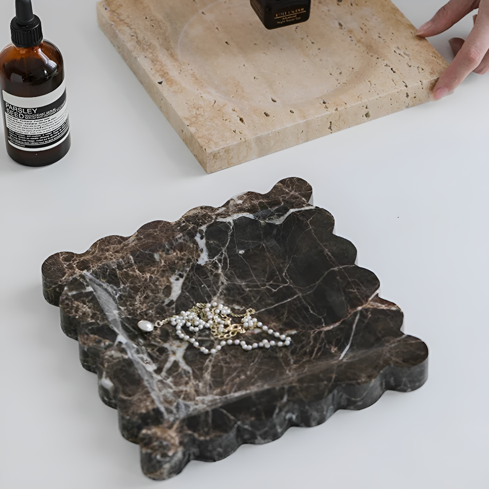Scalloped Marble Travertine Jewellery Tray Dark Brown