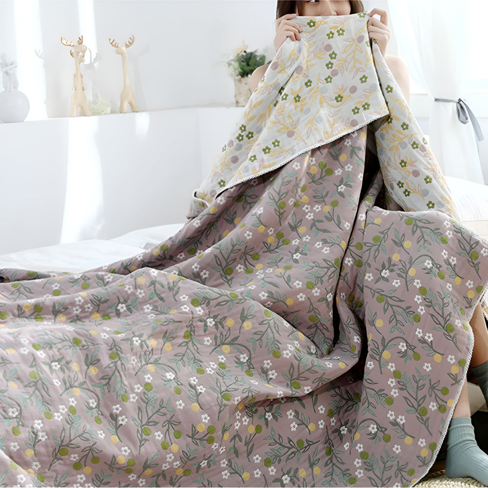 Leafy Floral Cotton Gauze Blanket Lavender Fields