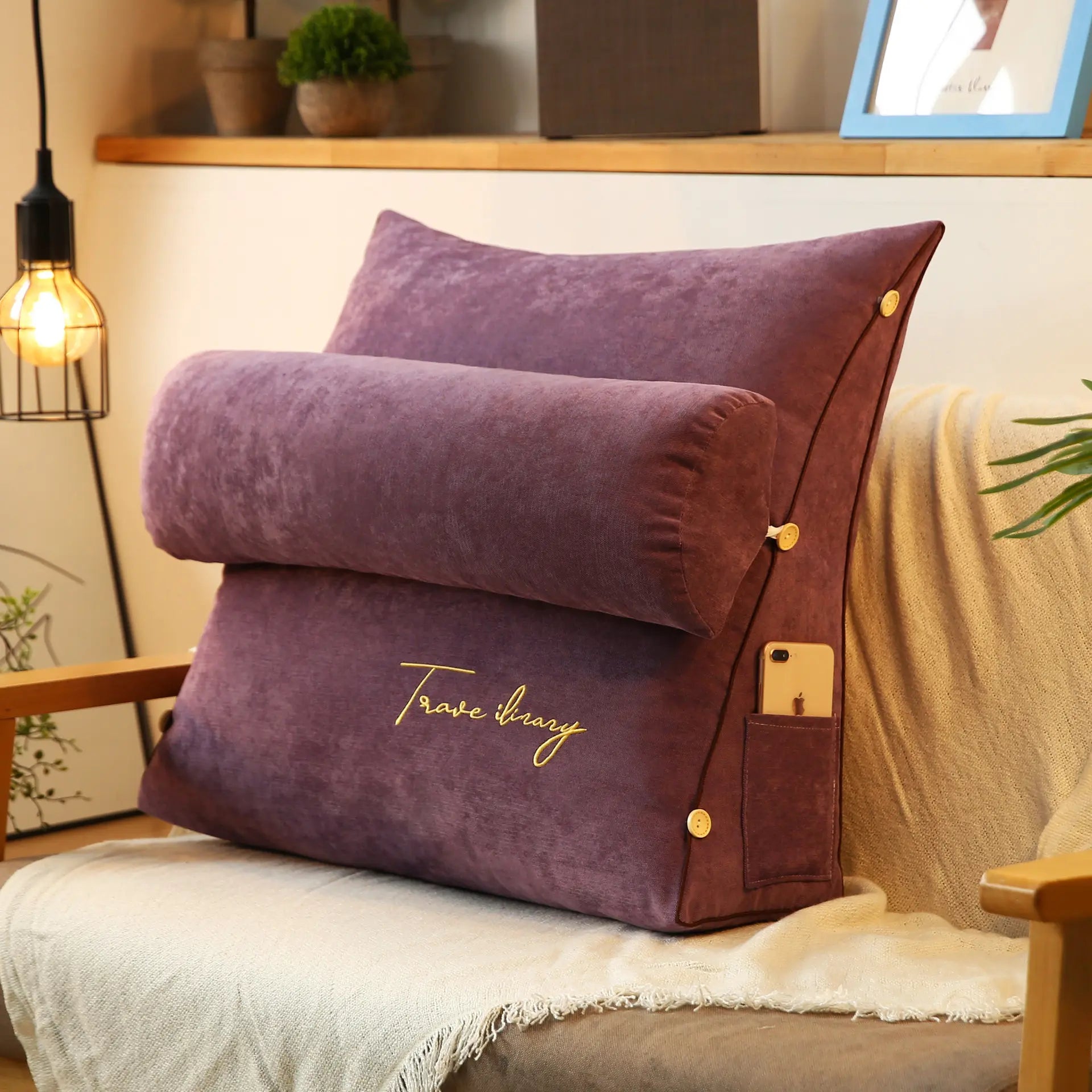 Reading Pillow with Adjustable Backrest Purple 18"×18"
