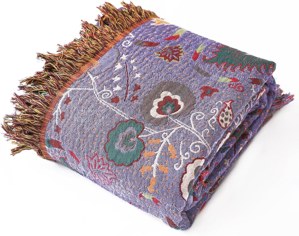 Vintage Cotton Gauze Blanket - Floral Couch Cover with Fringe