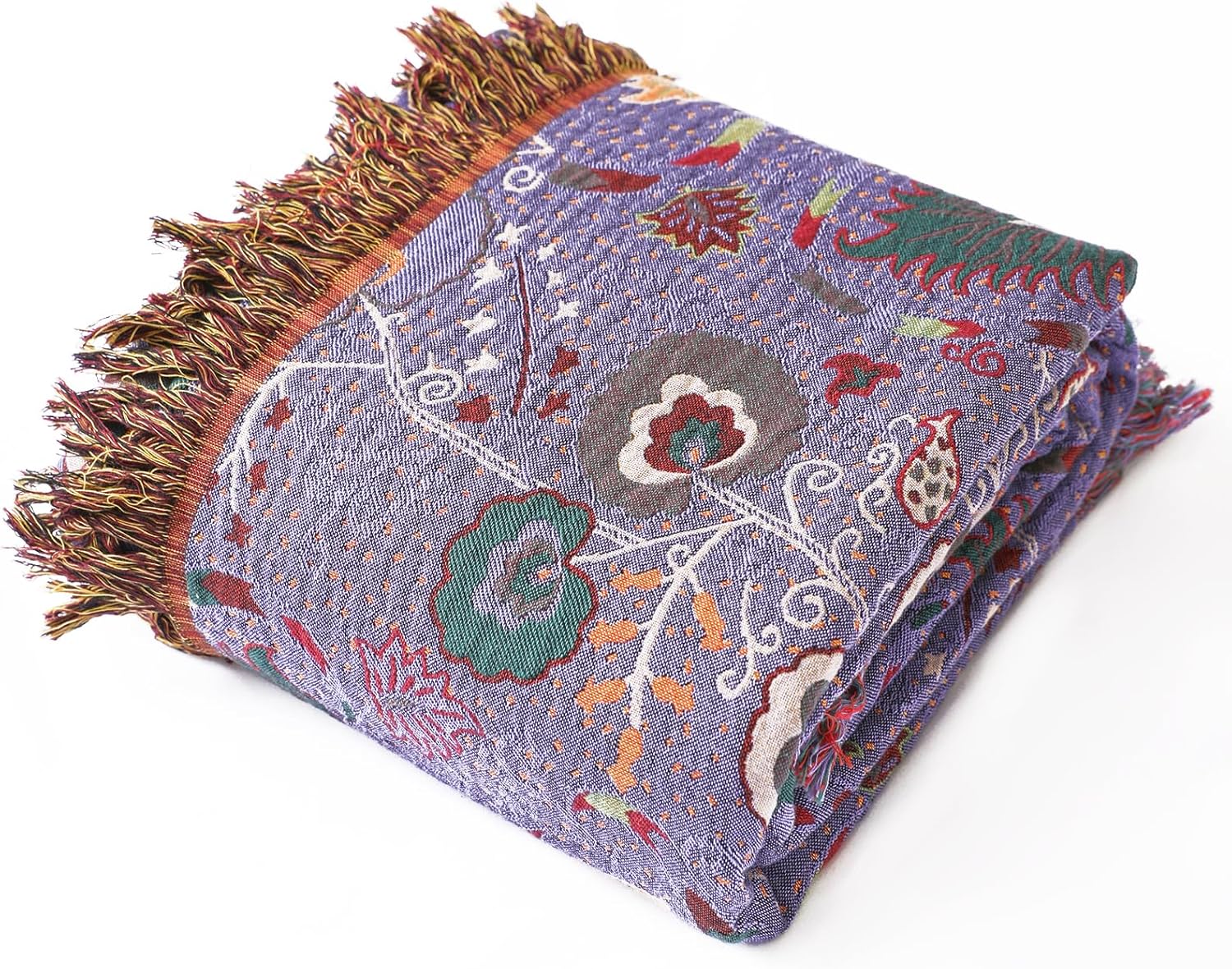 Vintage Cotton Gauze Blanket - Floral Couch Cover with Fringe