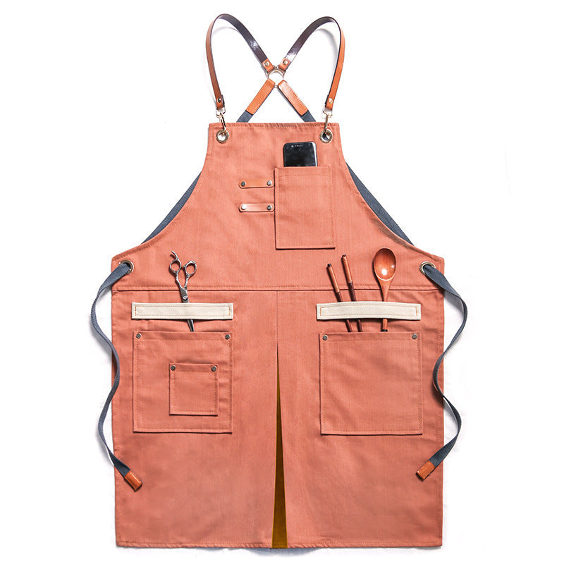 Denim Barista Apron with Pockets Brick Red