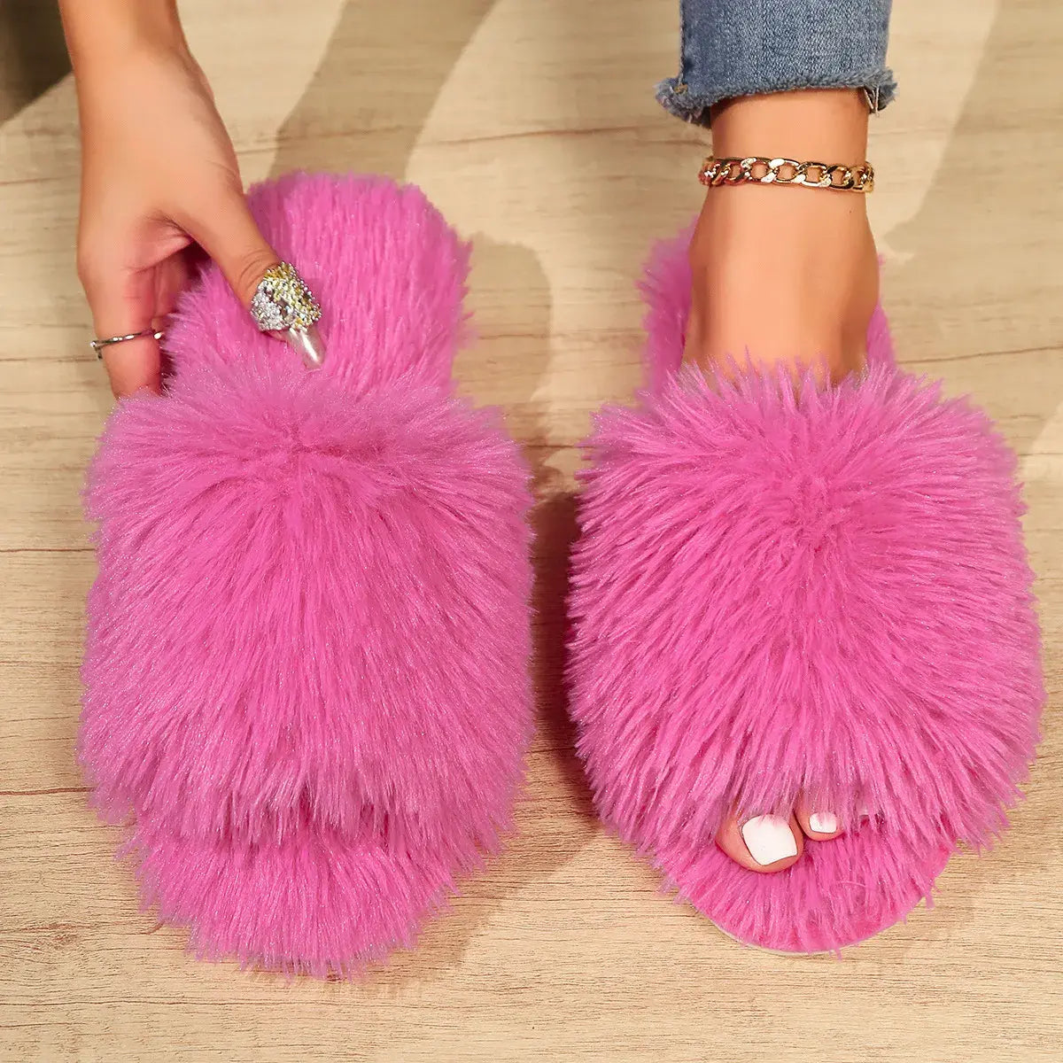 Women Fuzzy Open Toe House Slippers