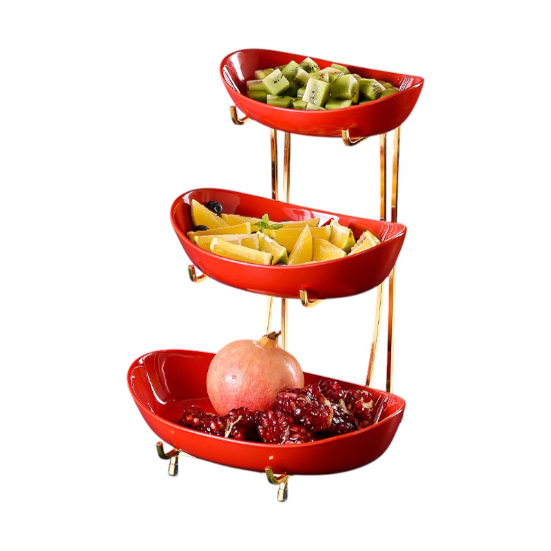 Ceramic Serving Bowls with Metal Stand Red 3-Tier