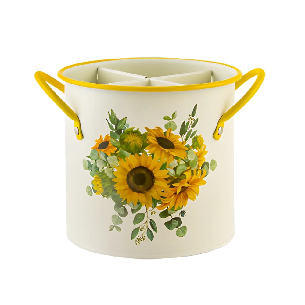 Floral Utensil Storage Basket with Divider Lid Sunflower Yellow