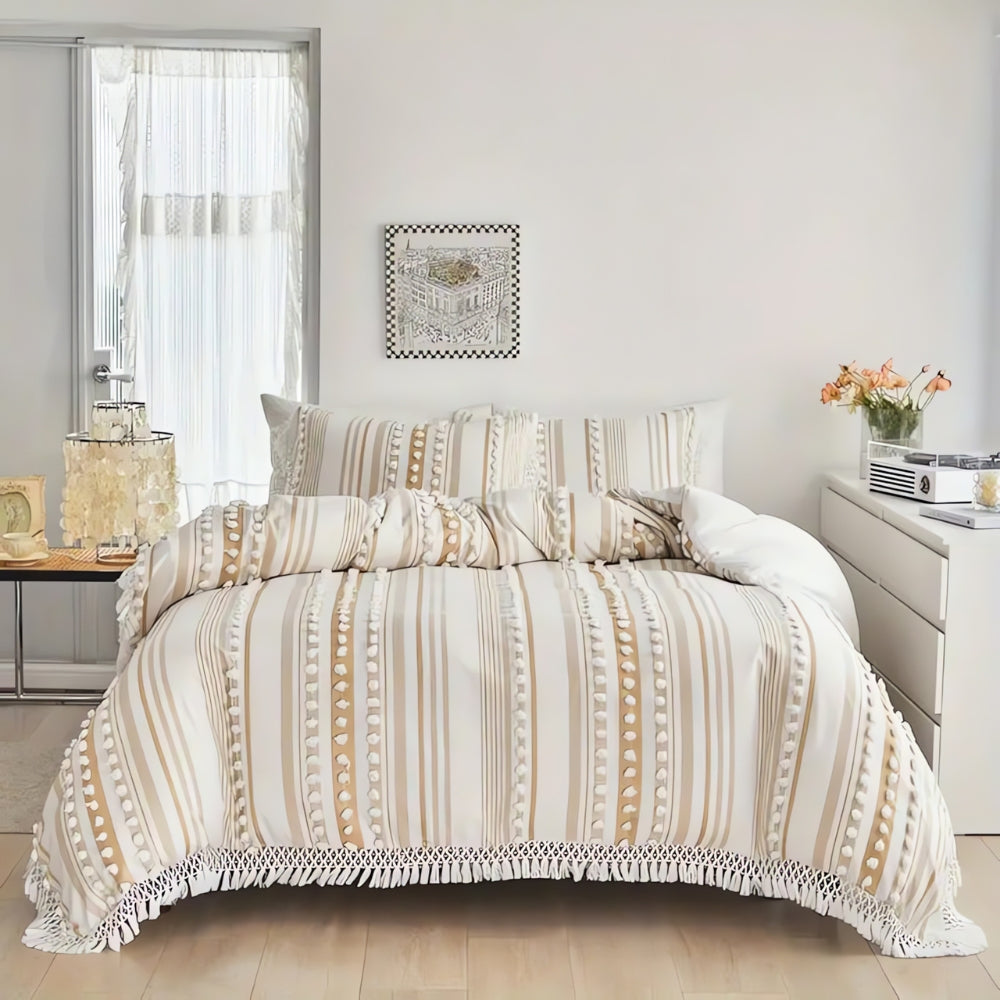 Soft Stripe and Tassel Duvet Set | 3pcs Khaki