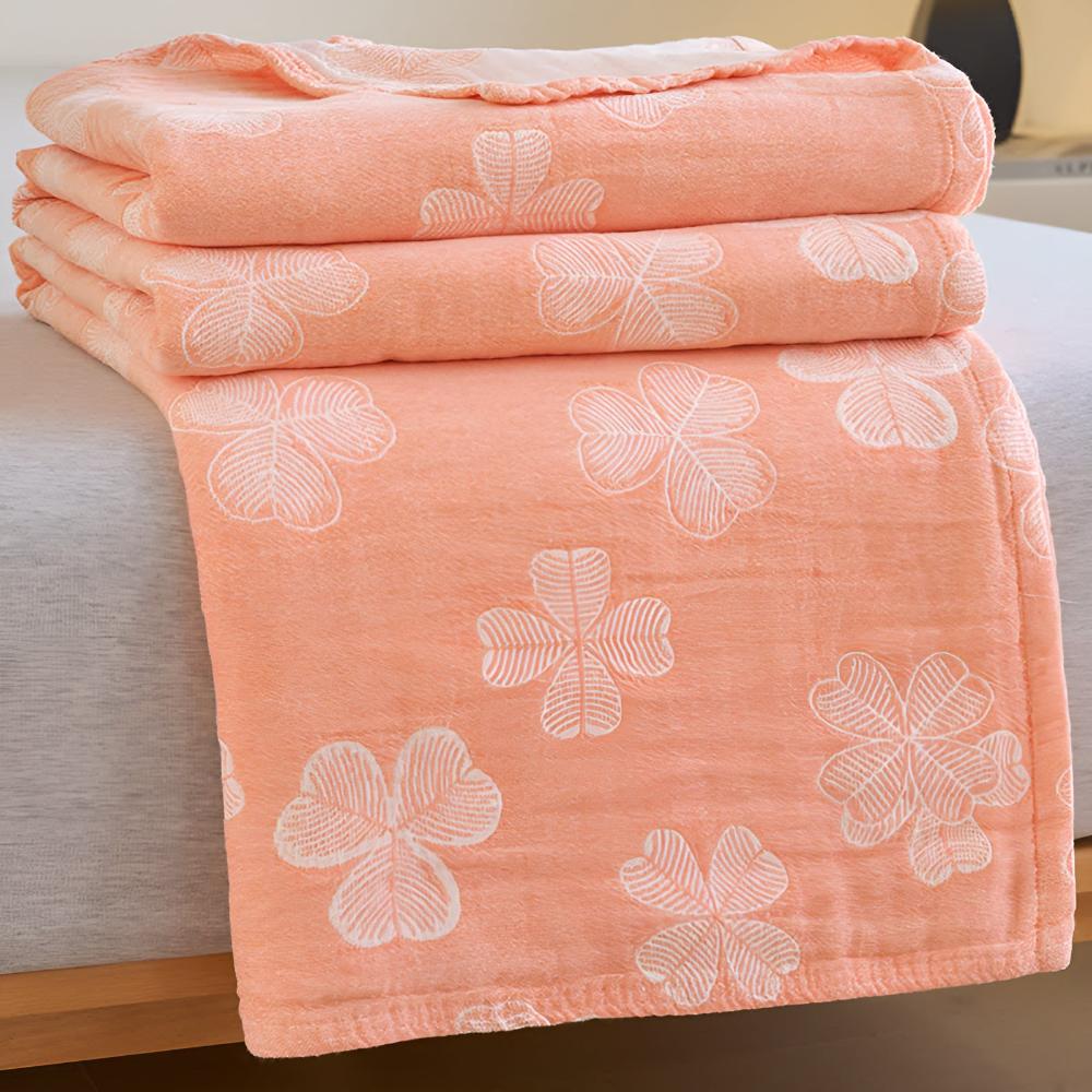 Four Clover Leaf Cotton Blanket Coral Orange