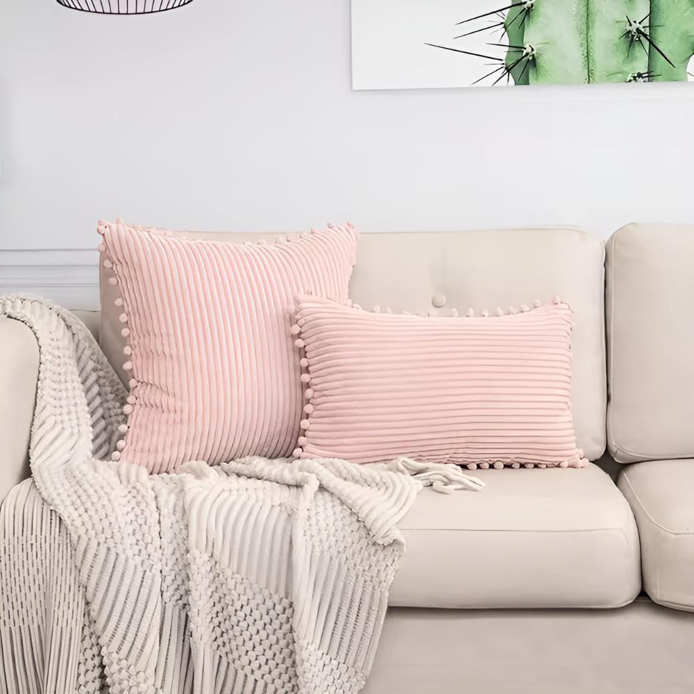 Plush Ribbed Pom-Pom Cushion Cover Light Pink