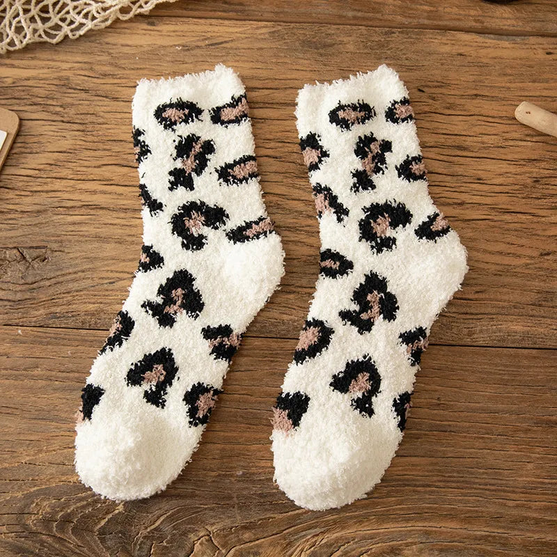 Fuzzy Leopard Print Plush Socks White One Size (Women)