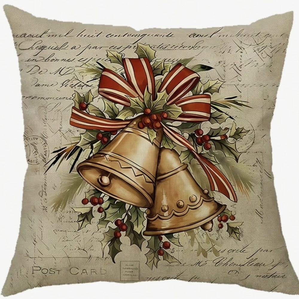Santa's Charm Farmhouse Cushion Cover Golden Bells