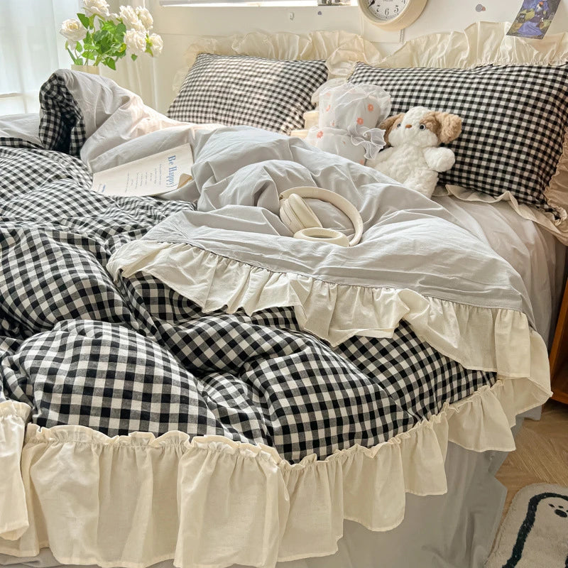 Ruffled Gingham Bedding Set 4PCS Black