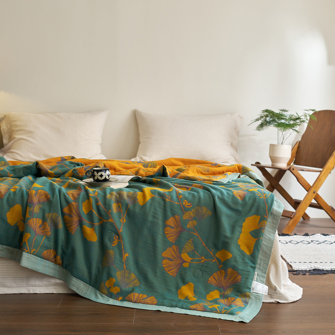 Ginkgo Leaf Cotton Quilt Reversible Green Mustard