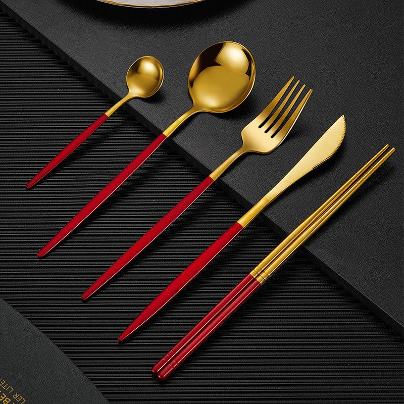 Nara Matte Black & Gold Cutlery Set Red 1 Set - 5 Pieces