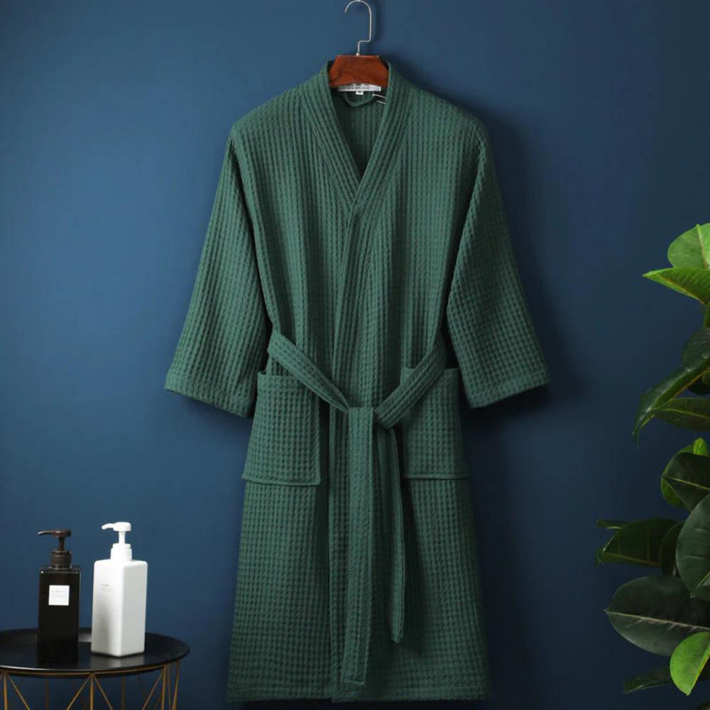 Waffle V-neck Bathrobe Dark Green