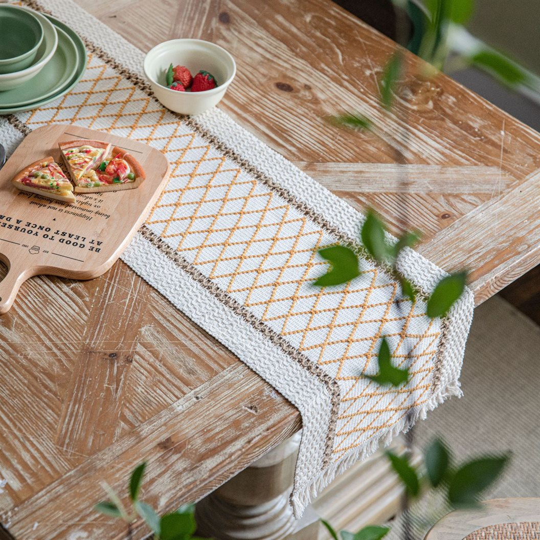 Boho Cotton Tassel Table Runner Golden Diamond