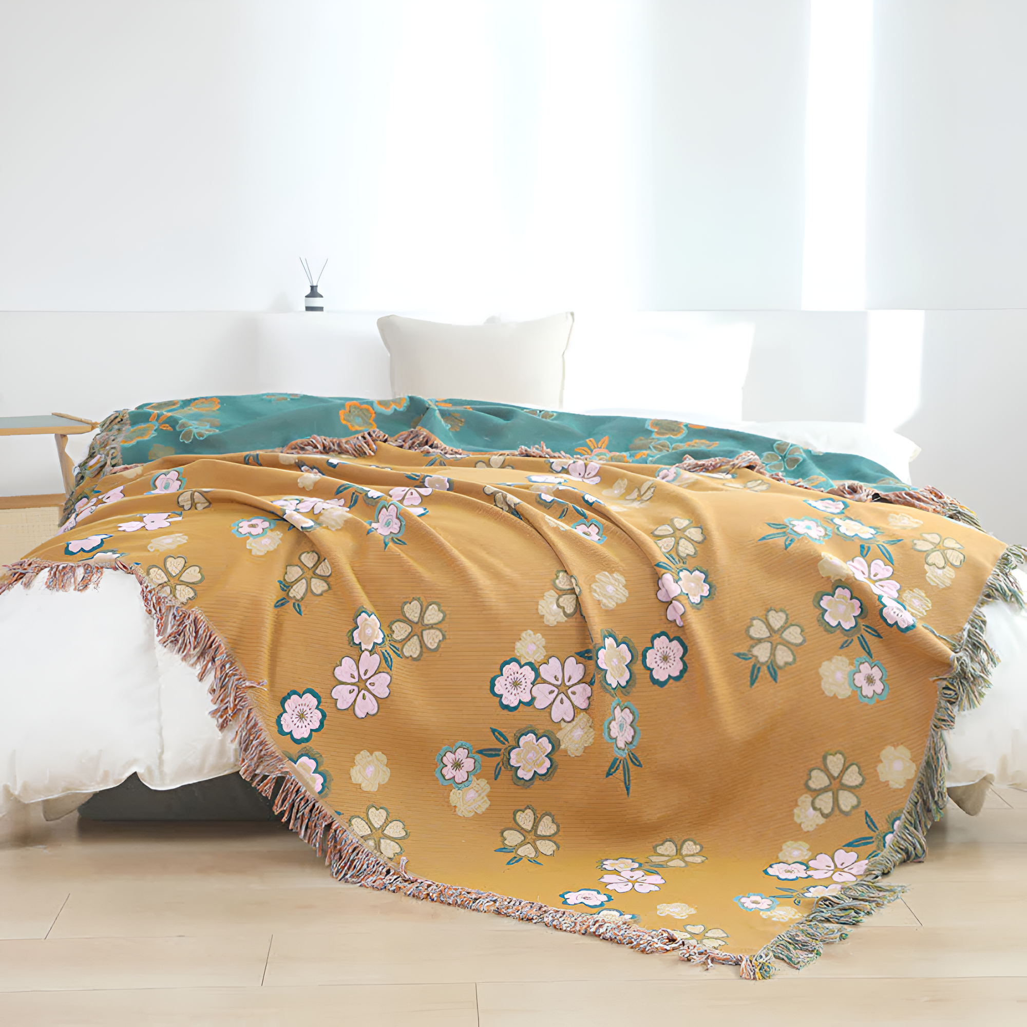 Blooming Flowers Tassel Blanket Ginger Yellow & Green