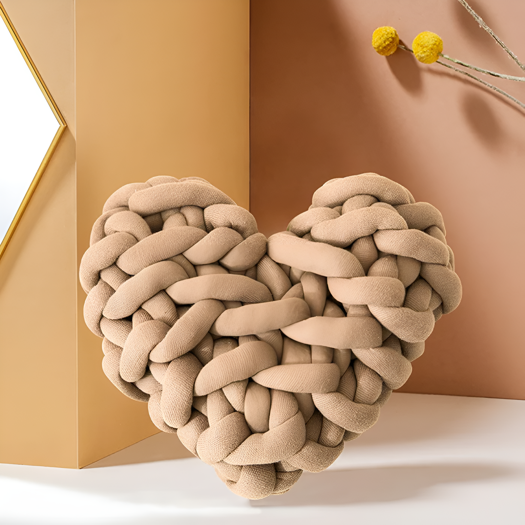 Plush Knotted Heart Shape Cushions Camel 11"x10.6"