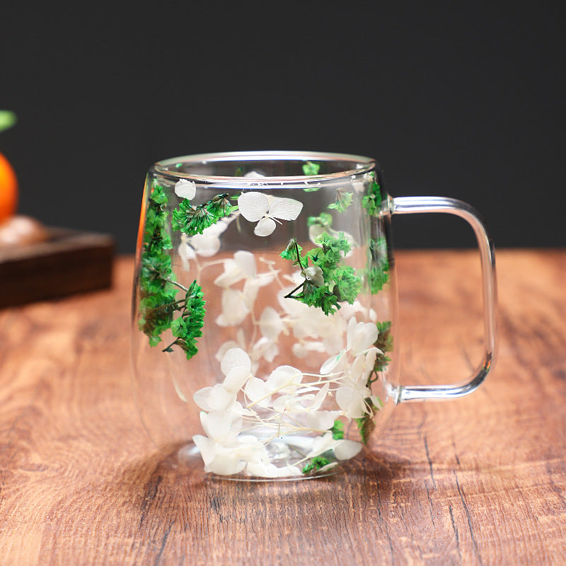 Dried Flower Glass Mug Double Wall Green 8.5oz (250ml)
