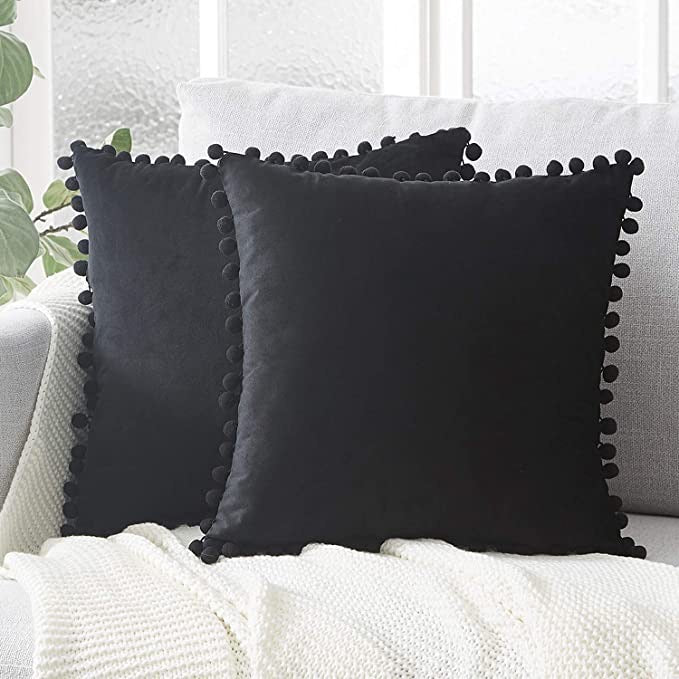 Velvet Pom Pom Cushion Covers 2 Pack Black