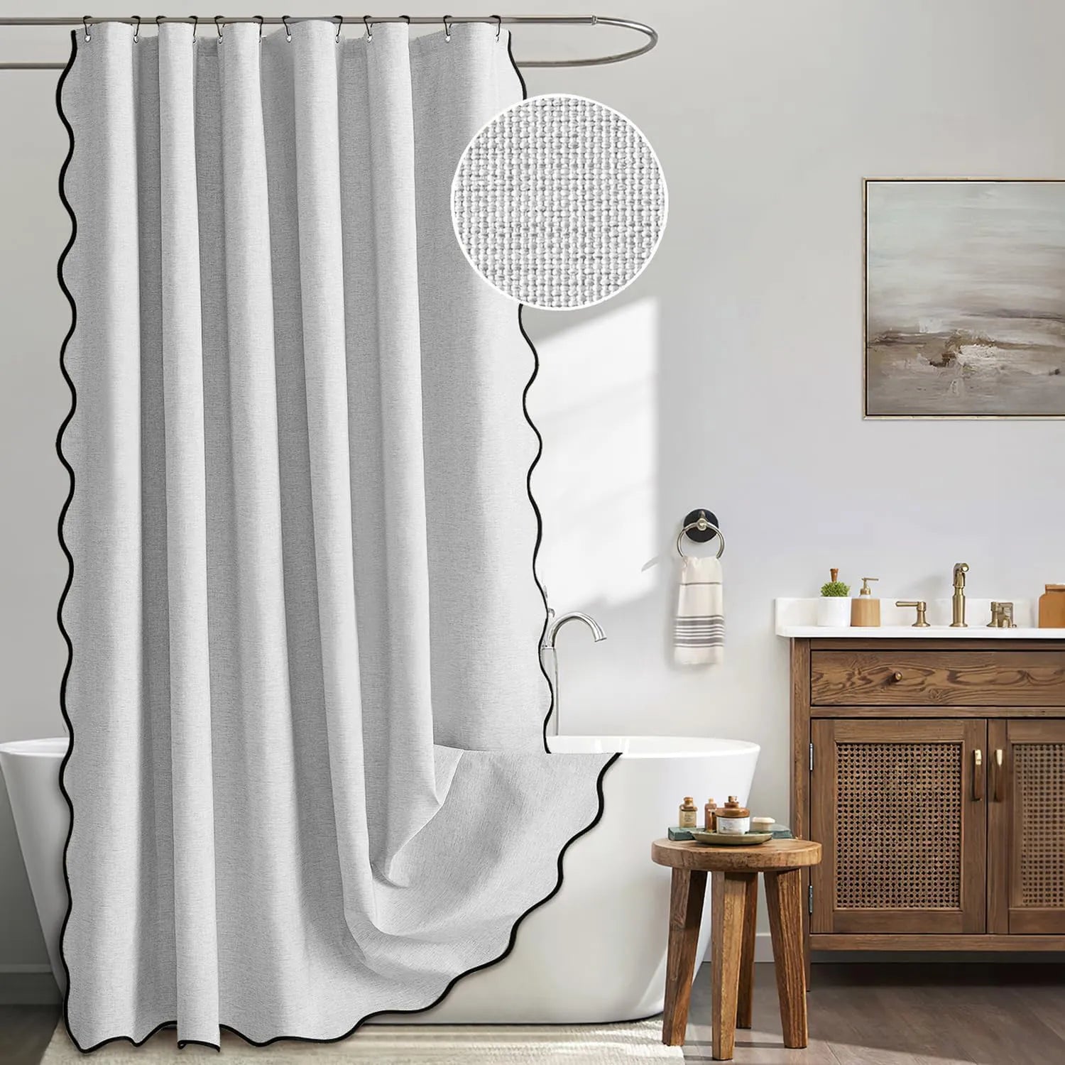 Scalloped Linen Bathroom Shower Curtain Light Gray