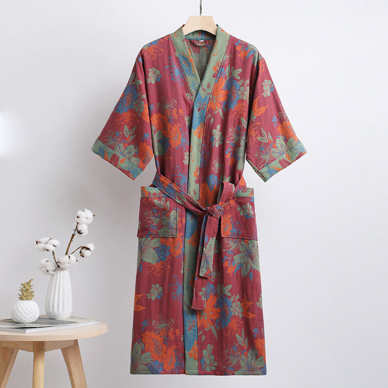 Floral Cotton Kimono Bathrobe Burgundy