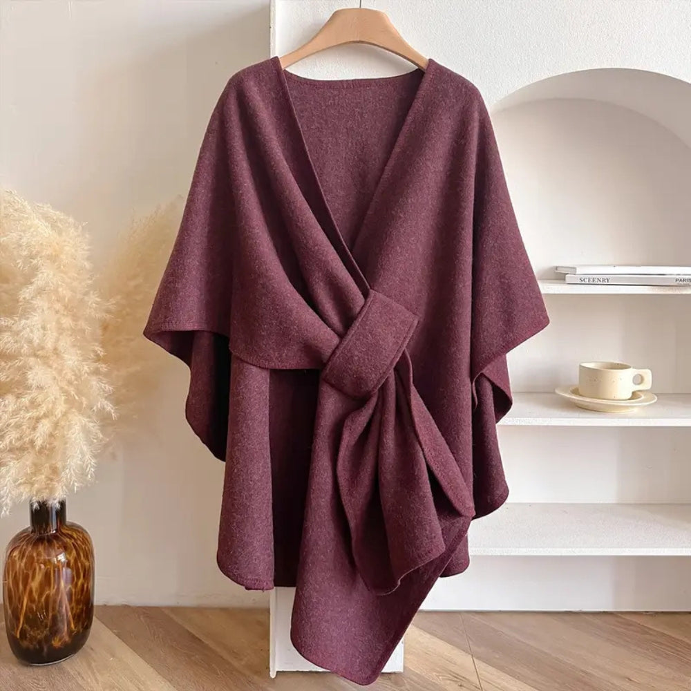 Luxurious Poncho Windproof Shawl Coat Rose Red