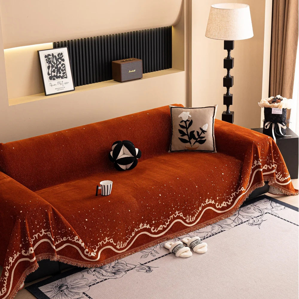 Cursive Glittering Chenille Sofa Cover Rust Glow