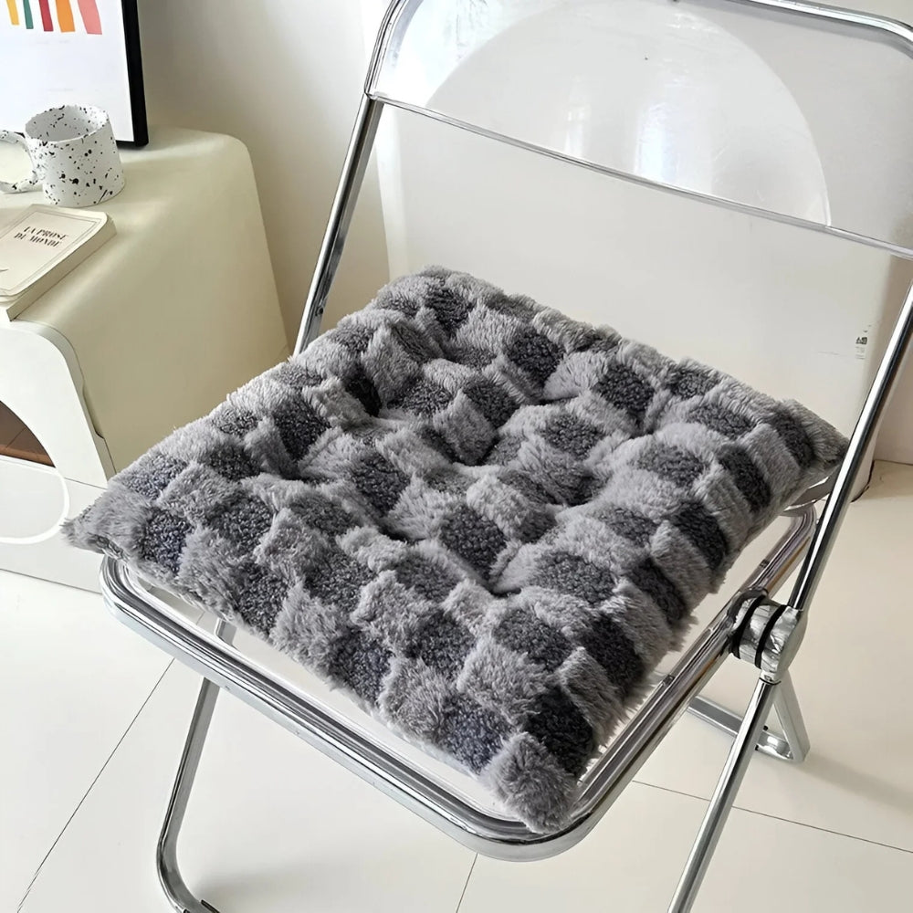 Fuzzy Checkered Fur Padded Cushion Gray 16"x16"