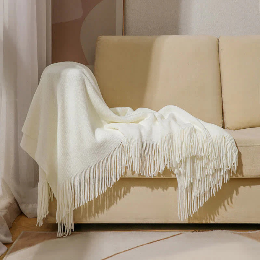 Chunky Knit Tassel Blanket White