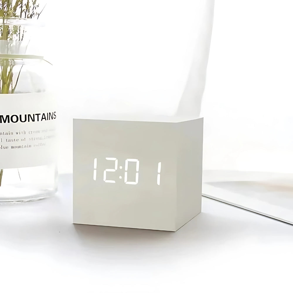 Modern Cube LED Alarm Clock Ivory White