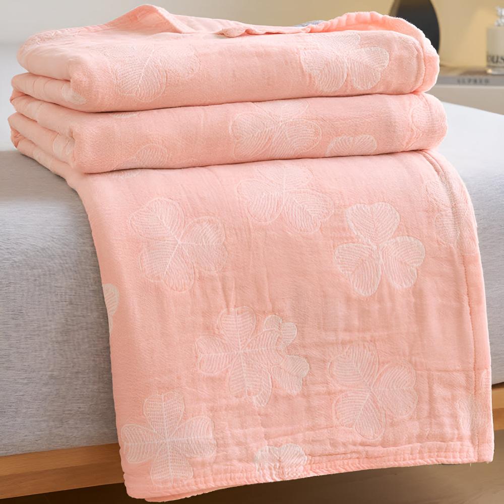 Four Clover Leaf Cotton Blanket Coral Pink