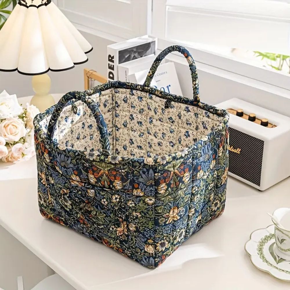 Delicate Floral Canvas Storage Basket Rosette 13"x11"x10"