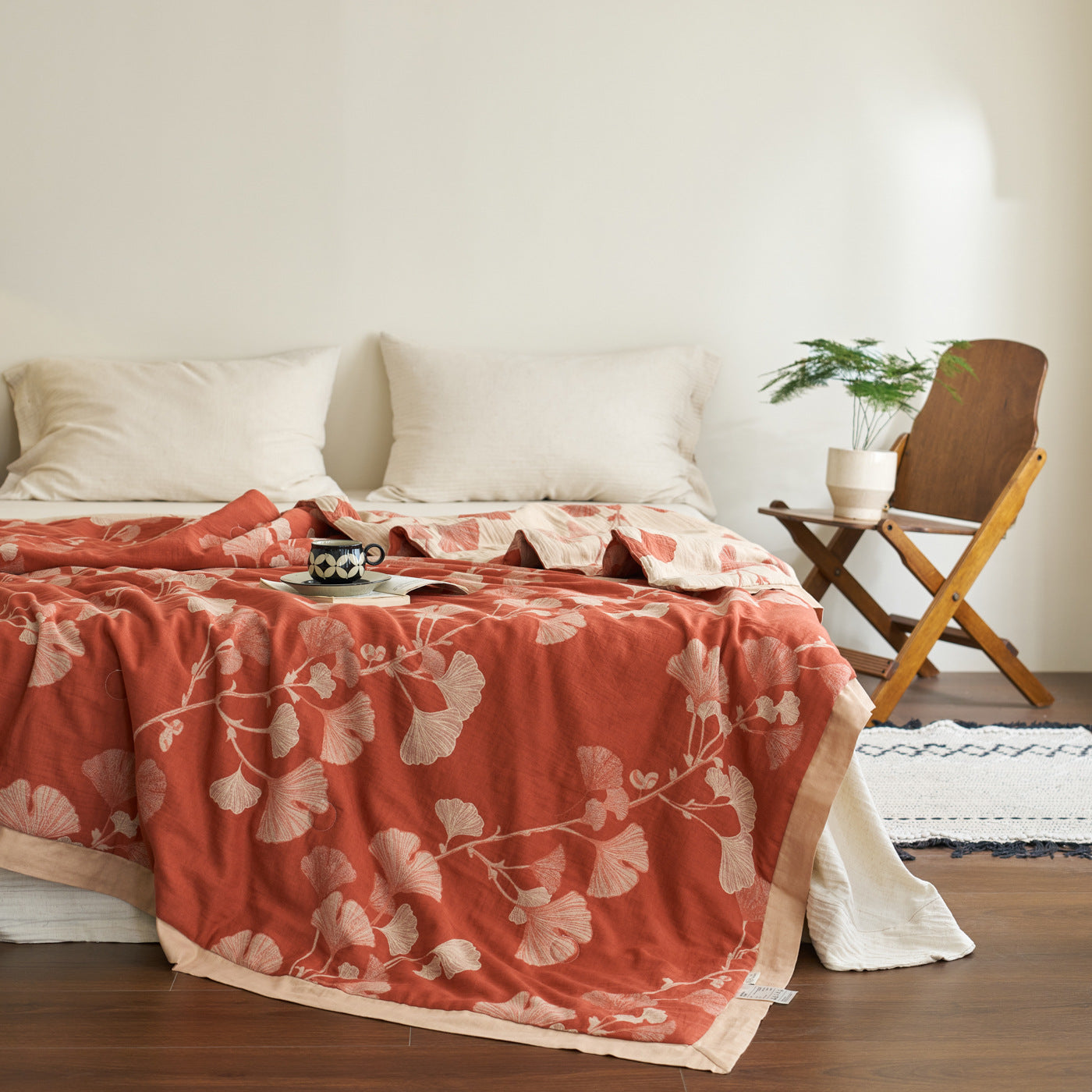 Ginkgo Leaf Cotton Quilt Reversible Deep Red