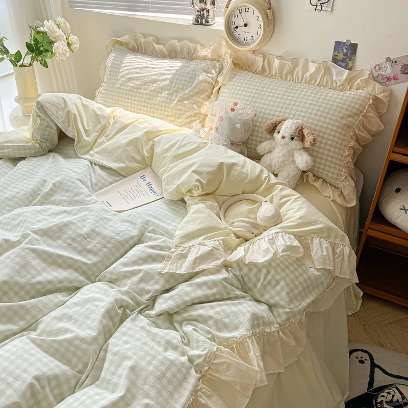 Ruffled Gingham Bedding Set 4PCS Green