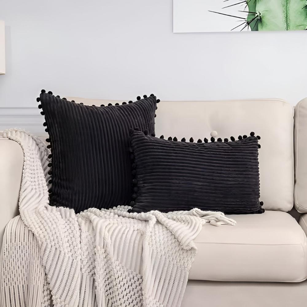 Plush Ribbed Pom-Pom Cushion Cover Black