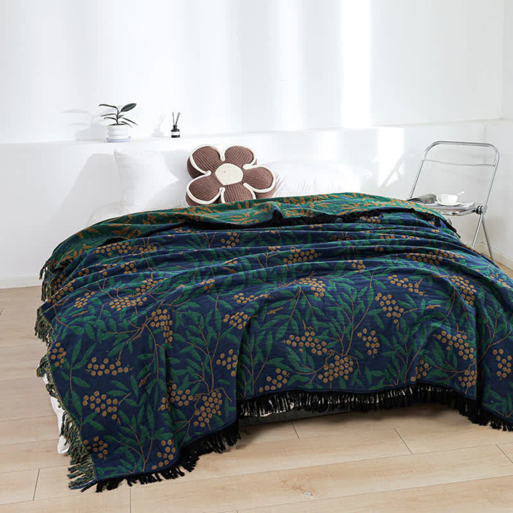 Vibrant Begonia Fruit Tassel Blanket Dark Blue & Green