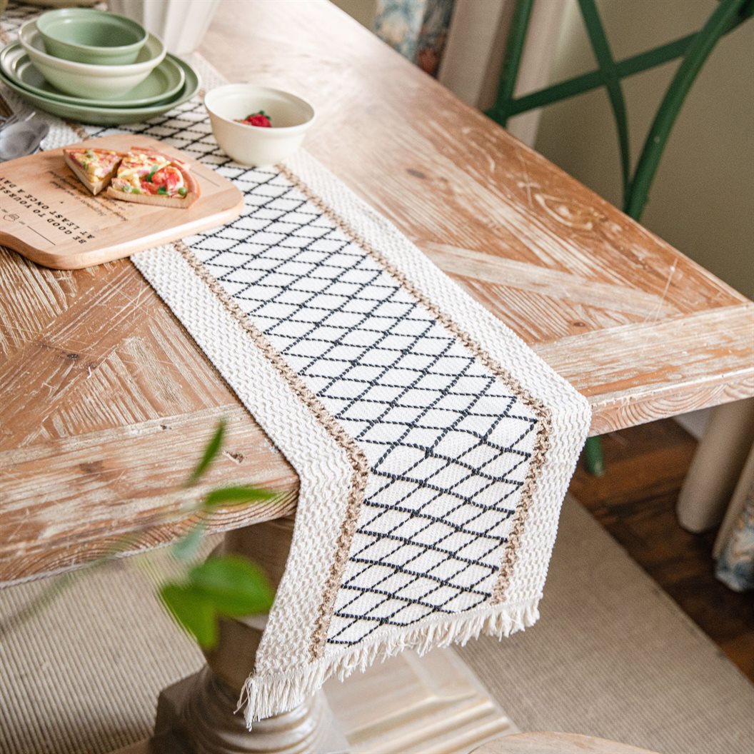 Boho Cotton Tassel Table Runner Black Elegance