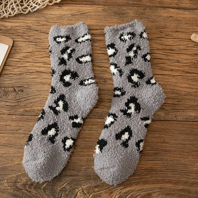 Fuzzy Leopard Print Plush Socks Gray One Size (Women)