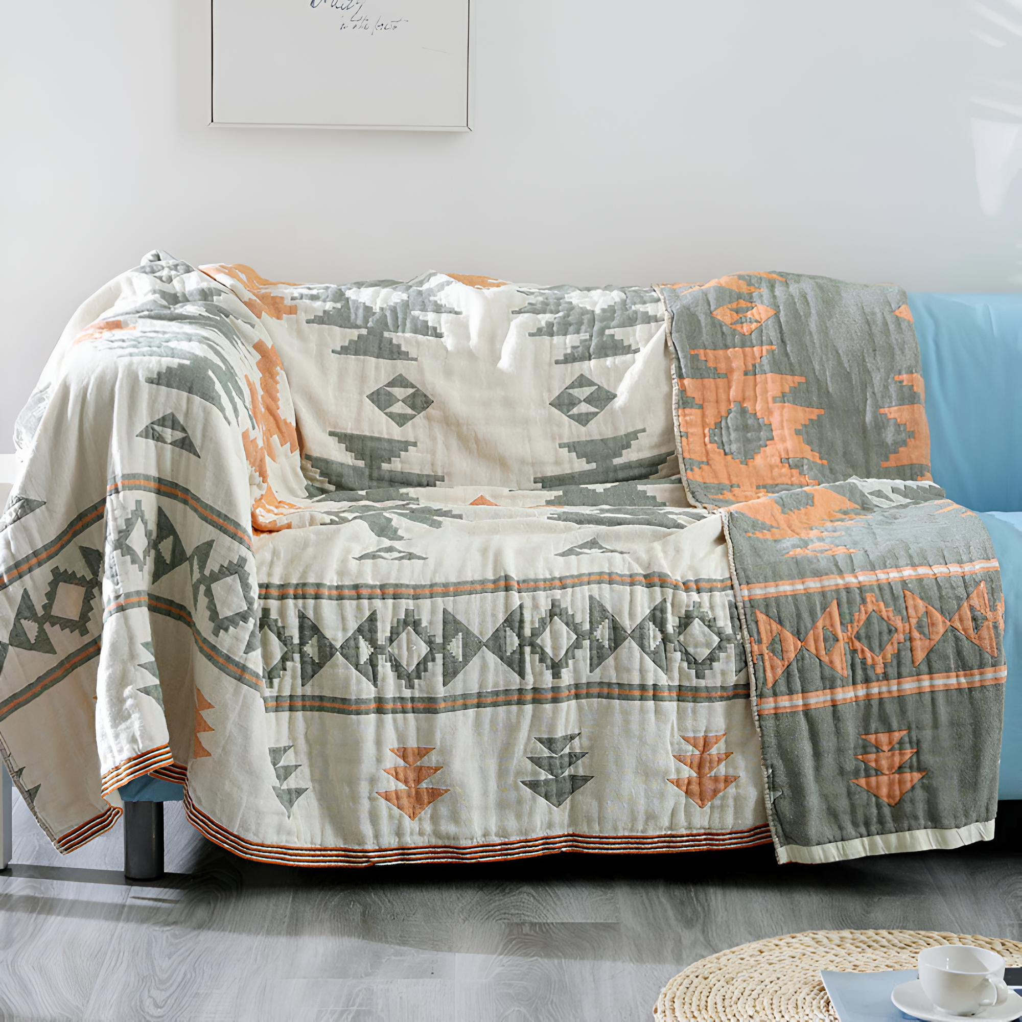 Reversible Geometric Blanket Sofa Cover Green & Orange