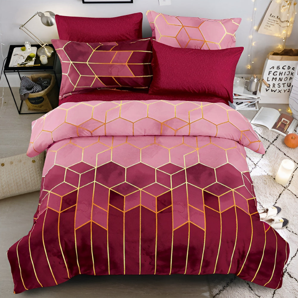 Golden Cosmo Hive | 3pcs Duvet Cover Sets Crimson Bloom