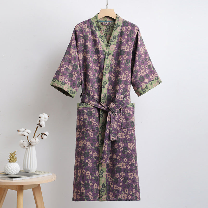 Floral Cotton Kimono Bathrobe Purple