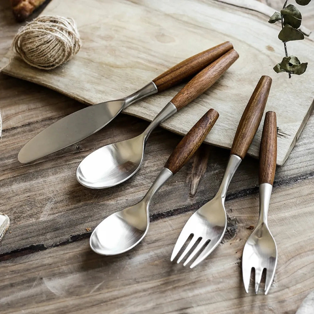Wood Handle Flatware Set - 304 Stainless Steel Japanese Style