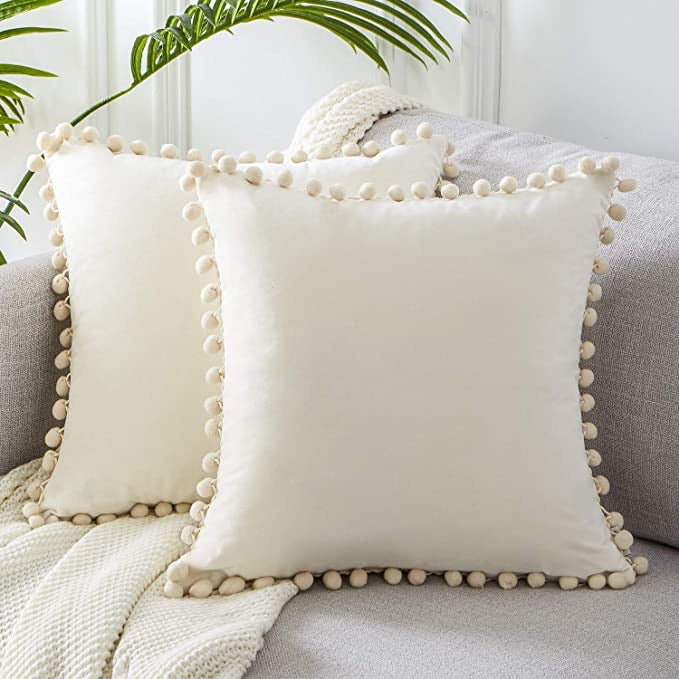 Velvet Pom Pom Cushion Covers 2 Pack Cream